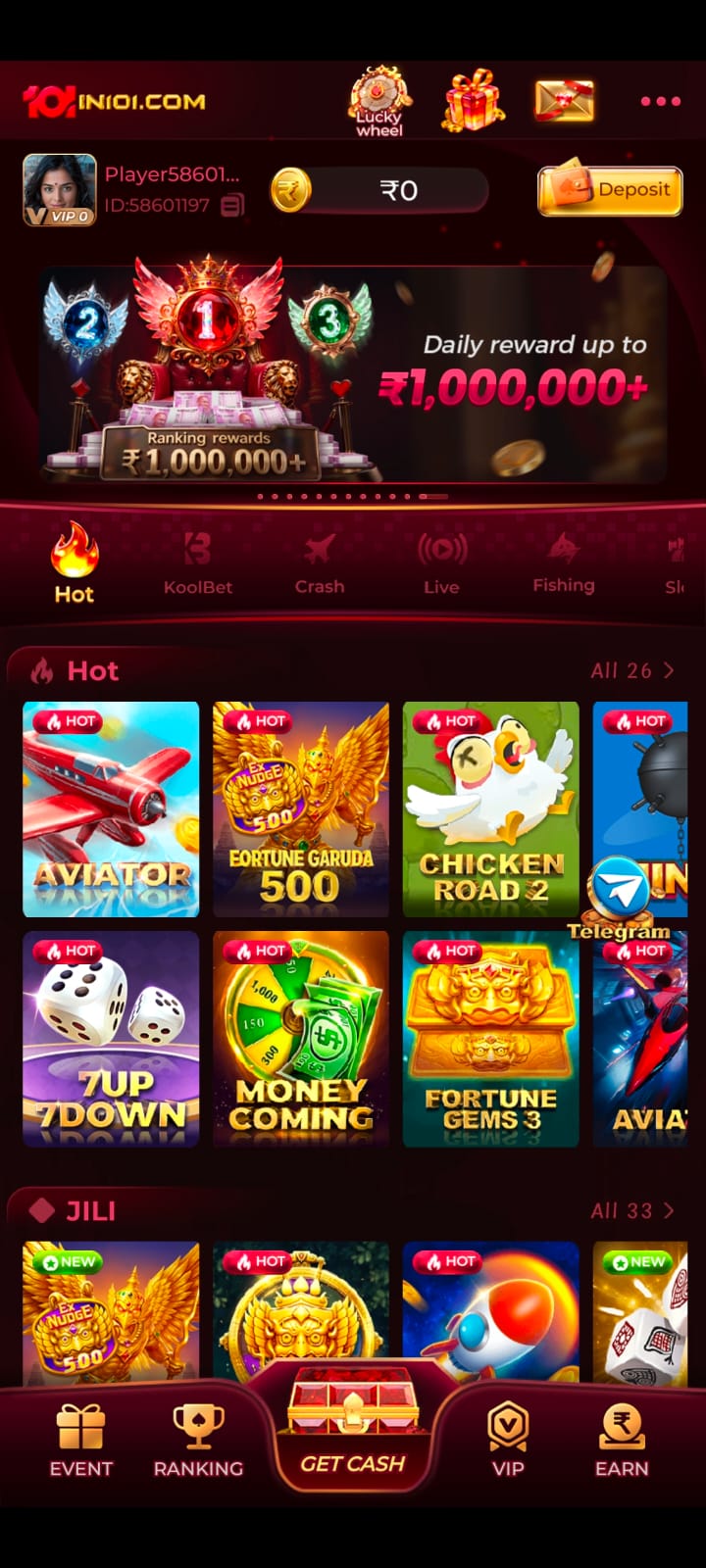 App homepage showing popular games, hot games, deposit option and gaming categories