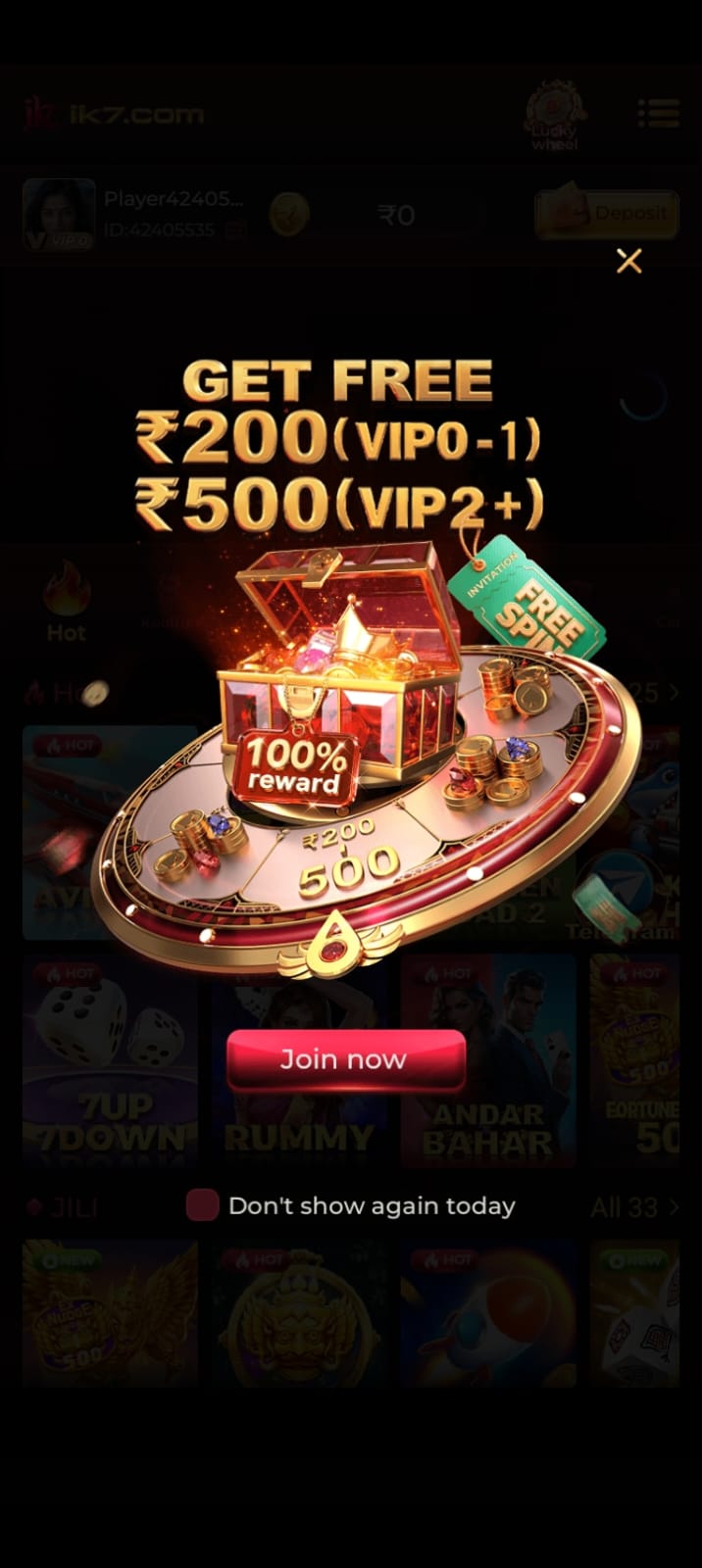 App popup showing free reward and VIP promotional offer