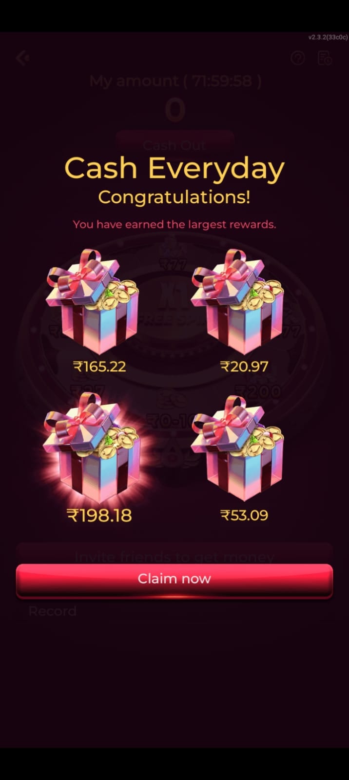cash rewards screen showing daily rewards and claim option